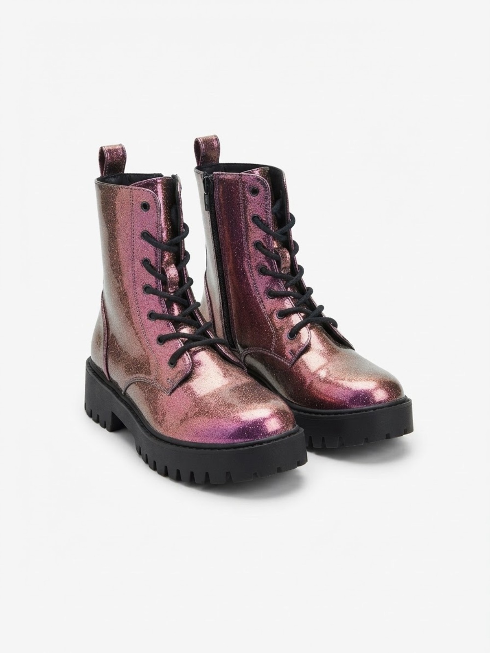 Glitter Lace-Up Combat Boots for Kids - Metallic Pink
